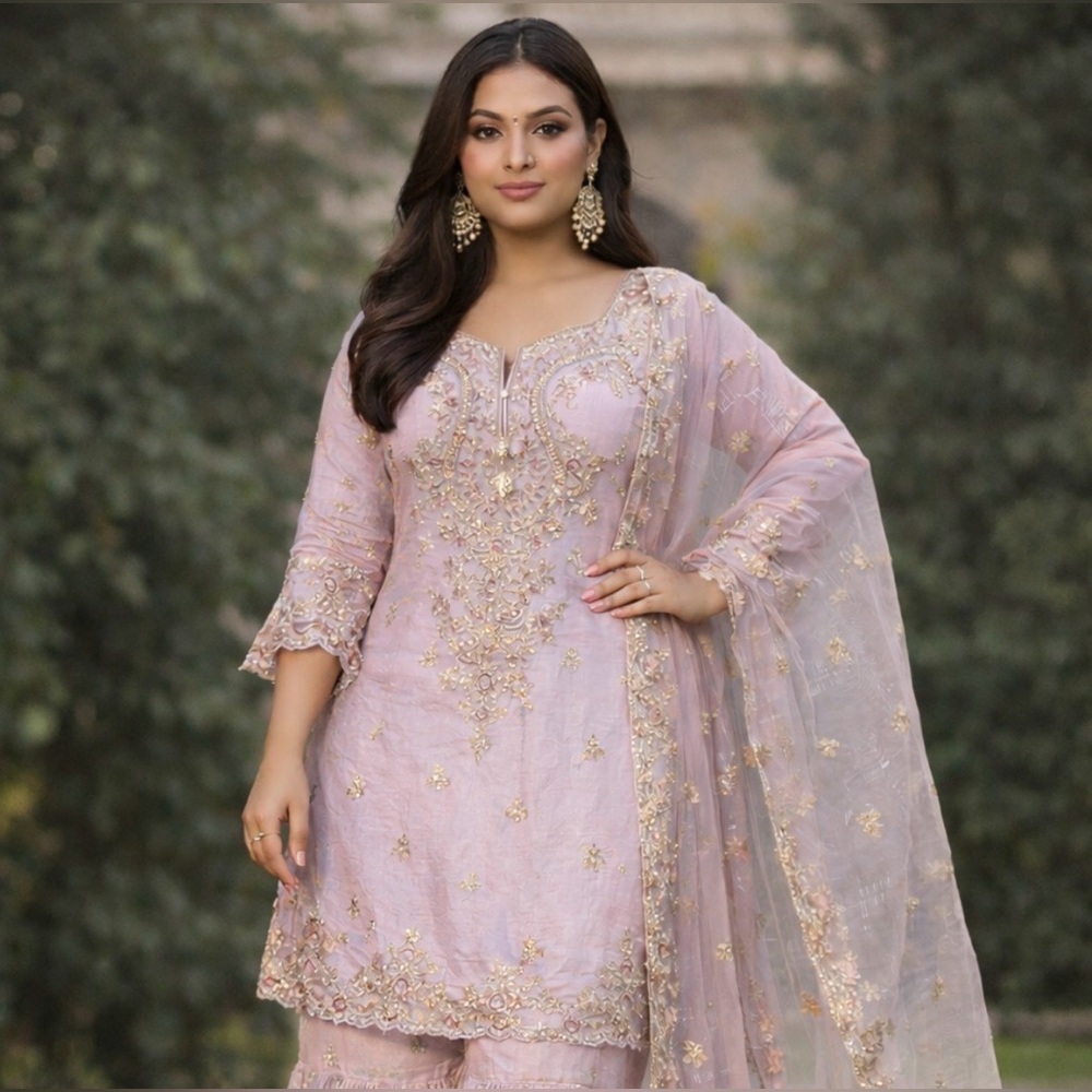 Lavender Gold Embroidered Sharara Suit Set with Dupatta